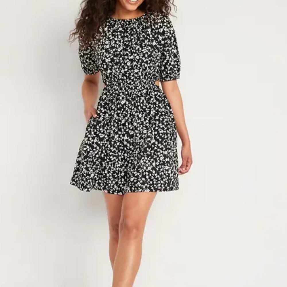 Old Navy Puff Sleeve 100% Cotton Poplin Mini Black Floral Mini Dress S